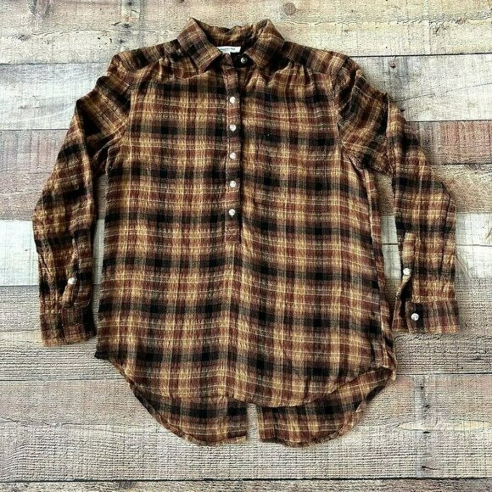 Beachlunchlounge brown plaid button front long sleeve top women's size xs
